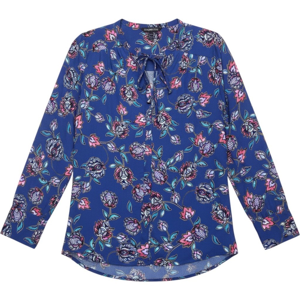 Express Women Small Blue Floral Paisley Tie Front Long Sleeve Blouse Office Chic